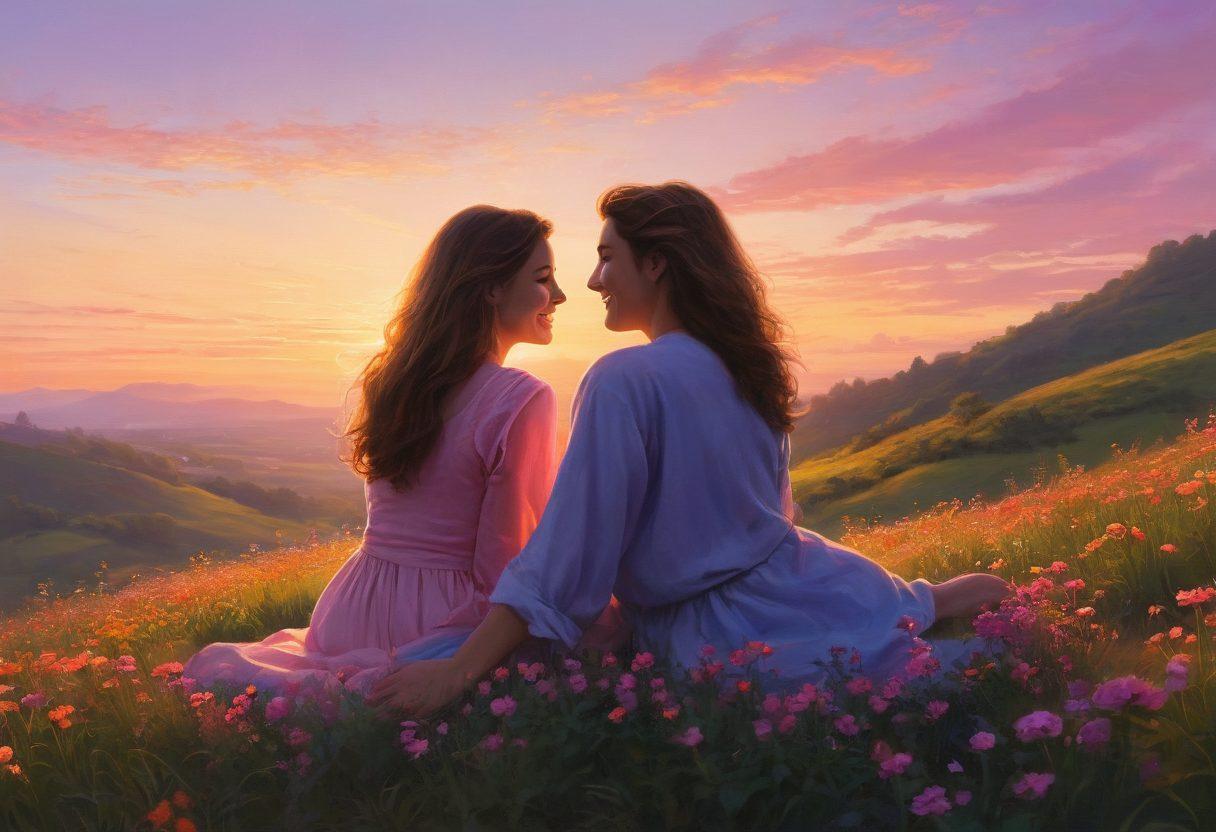 A picturesque scene of two friends sitting on a sunlit hill, sharing laughter, with subtle hints of blossoming romance around them, like flowers intertwining in vibrant colors. The background features a dreamy sunset illustrating the journey of their relationship, transitioning from friendship to deeper love. Emphasize warmth, connection, and intimacy. vibrant colors. super-realistic. dreamy background.