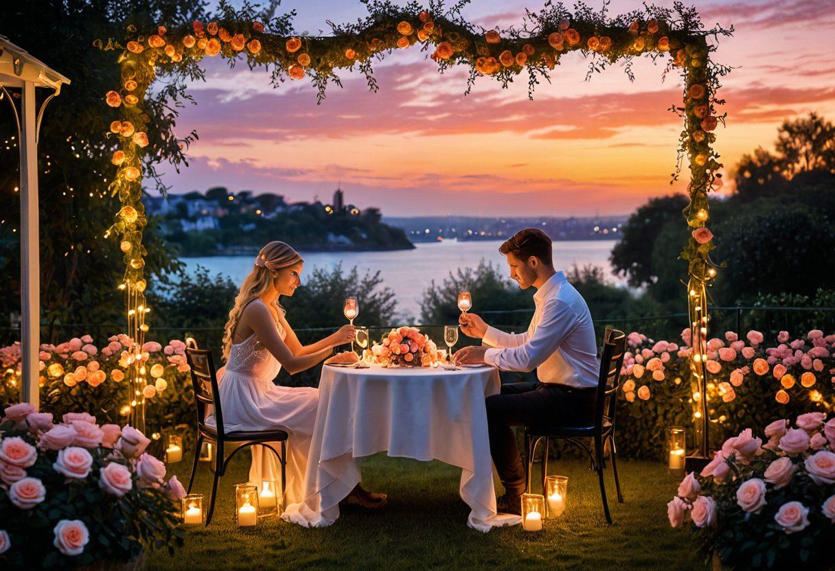 A romantic setting with a cozy candle-lit table for two, surrounded by blooming roses and fairy lights. Include a couple sharing an intimate moment, gazing into each other's eyes, with a backdrop of a sunset that casts a warm glow. Soft whispers of love illustrated through subtle heart shapes in the air. Painterly style with vibrant colors and a dreamlike atmosphere.
